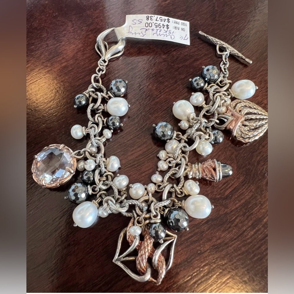 NWT Ann King Limited Edition Sterling 18k Pearl Quartz Bead Charm Bracelet RARE
